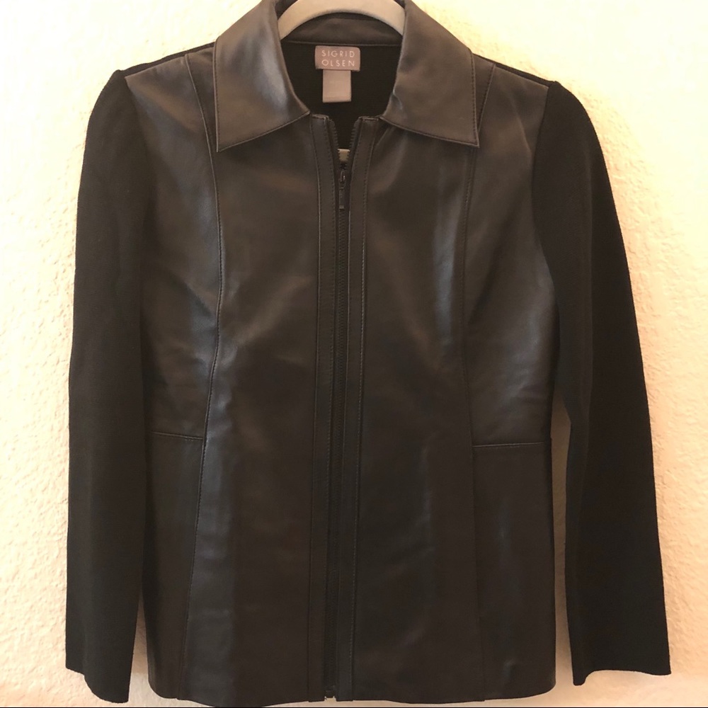 Sigrid Olsen Blk Leather Stretchy Jacket Sz sm